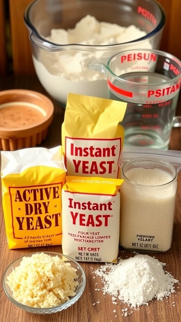 Different types of yeast on a wooden surface with baking ingredients in the background.